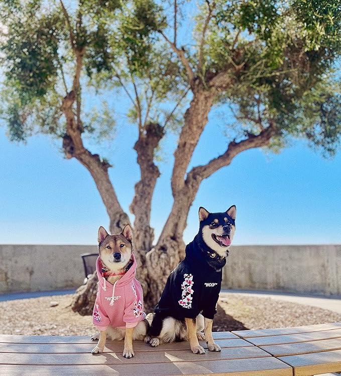 ChoChoCho Woof Dog Hoodie, Designer Dog Hoodies for Small Medium Large Breeds, Art Collection Dog Sweatshirts, Street Drawstring Hoodies Outfit Clothes for Puppy Puppies (5XL, Sakura/Black)