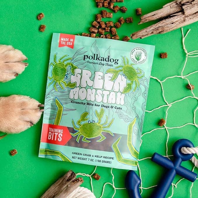 Polkadog Green Crab & Kelp Crunchy Training Bits – All Natural, Limited Ingredient Healthy Training Treats for Dogs. Handcrafted & Made in USA. High in Omega-3 – 7oz