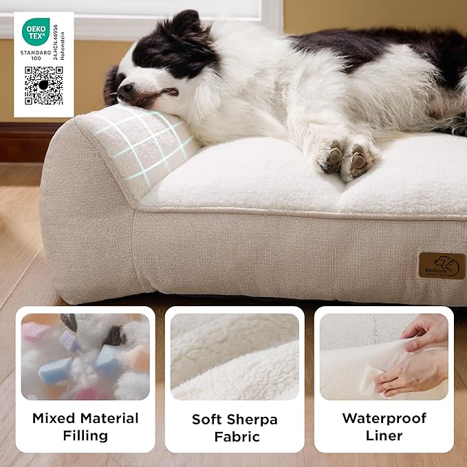 Bedsure XL Plus Orthopedic Dog Beds Large Sized Dog - Extra Thick Supportive Dogs Couch with Waterproof Washable Cover, Jumbo Comfort Pet Bed Sofa with Soft Plush Sherpa and Nonskid Bottom, Beige, 48"