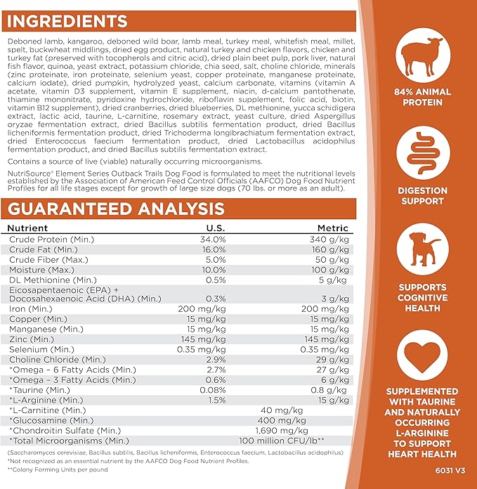 NutriSource Element Series Outback Trails Dry Dog Food, Lamb, Kangaroo and Wild Board, 24LB