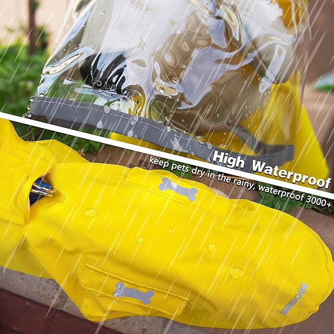 Dog Raincoat,Waterproof Rain Poncho with Hoodie, High Reflective Adjustable Pet Rain Jacket with Leash Hole for Small Medium and Large Dogs (Yellow, Large)