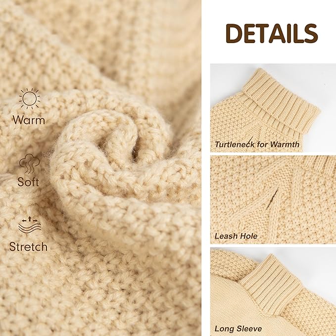 cyeollo Dog Sweater Turtleneck Knitted Sweaters with Leash Hole Winter Dog Clothes Sweaters for Small Dogs, Beige XL