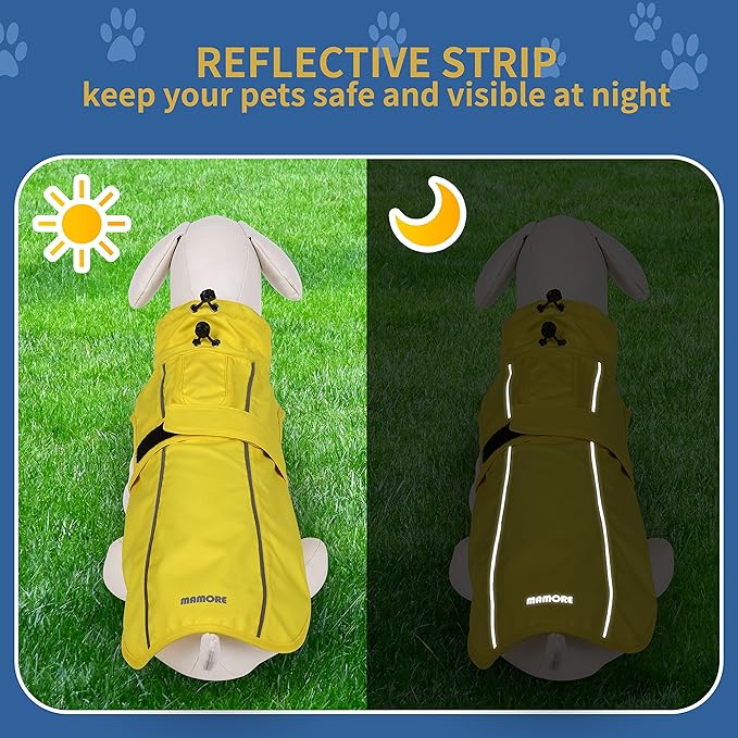 Waterproof Dog Raincoat with Reflective Strip, Adjustable Breathable Rain Coat Jacket with Leash Hole for Dogs (Blue, Medium)