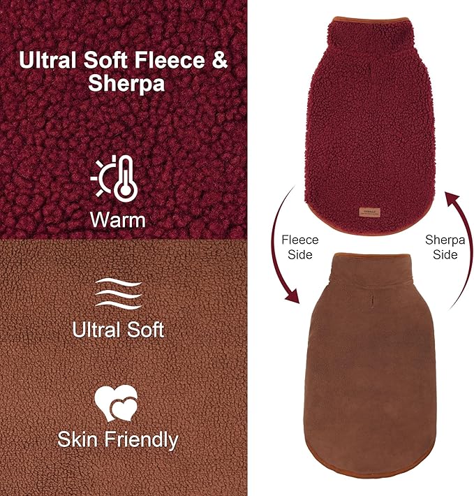 cyeollo Warm Dog Coat Fleece Sherpa Reversible Winter Sweater Coats, Turtleneck Cold Weather Dog Jacket Vest for Small Dogs with Leash Hole, Burgundy, S