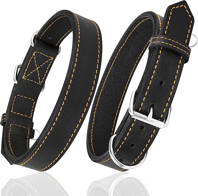 Riparo Dog Collar - Genuine Leather Dog Collars - Heavy Duty Dog Collars for Medium Large and Extra Large Dog Breeds (L: 1.25” Wide for 18” - 22” Neck, Black/Orange Thread)