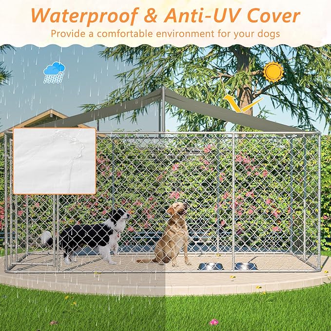 Outdoor Dog Enclosure,Heavy Duty Dog Kennel House Mesh Outside,Galvanized Chain Link Dog Run with Roof,Dog Cage Large Dogs,Dog Pen,Pet Kennel W/Waterproof Anti-UV Cover&Secure Lock for Large Dog
