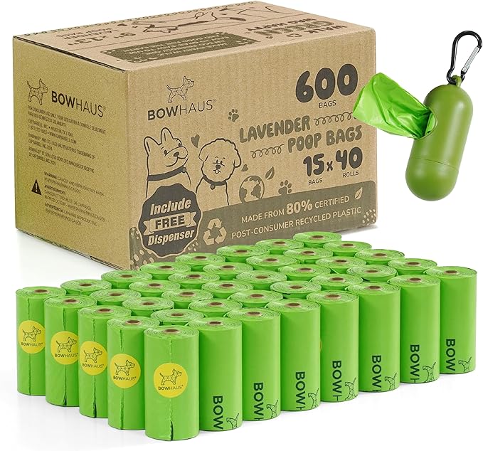 Lavender Scented Dog Poop Bags w/Dispenser, 80% PCR Eco-Friendly Materials, 9” x 13” Extra Thick Leak Proof Waste Bag for Pet, Doggy Bag Refill Rolls, Versatile Dog Waste Bags, 600 Counts