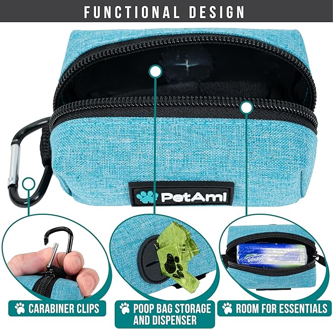 PetAmi Dog Poop Bag Holder for Leash Attachment, Doggie Zipper Pouch Soft Fabric Poop Bag Carrier, Dog Pet Waste Bag Dispenser with Carabiner Clip, 1 Roll of Dog Trash Bag (Blue, 1 Pack)