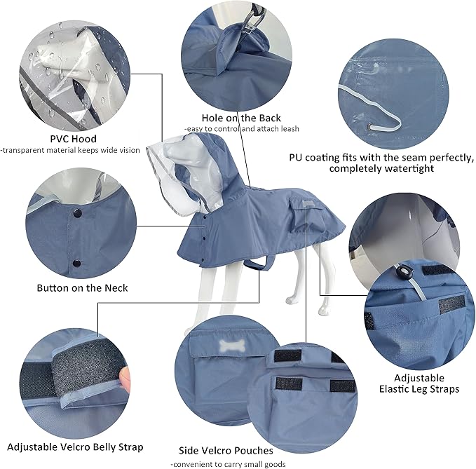 Waterproof Dog Raincoat, Adjustable Reflective Lightweight Pet Rain Clothes with Poncho Hood(X-Small, Blue&Grey)