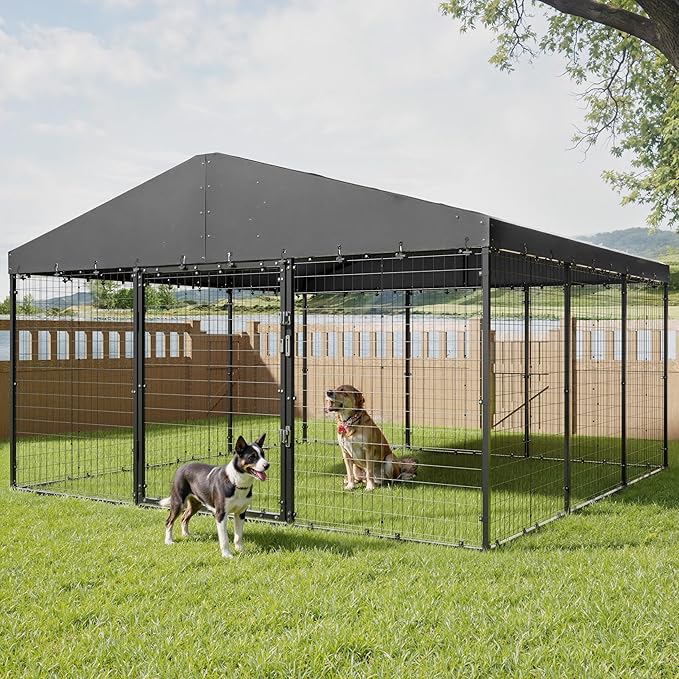 Large Dog Kennel with Roof, Outdoor Heavy Dog Cage for Big Dogs, 118x118x70.9 Galvanized Dog Fence Pen with Double Secure Locks，Weatherproof ，for Large Dogs