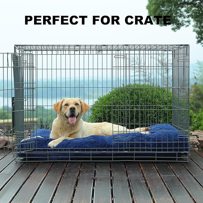 Bedfolks Plush Dog Crate Pad, Washable Dog Kennel Bed 41"x27", Faux Fur, Waterproof, Extra Large, Dark Blue