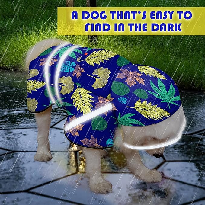 Dog Raincoat, Adjustable Rain Jacket with Hooded Double Layer for Large Medium Small Dogs Puppies, Lightweight Waterproof Rain Coat Poncho with Reflective Stripe Leaf Blue,S