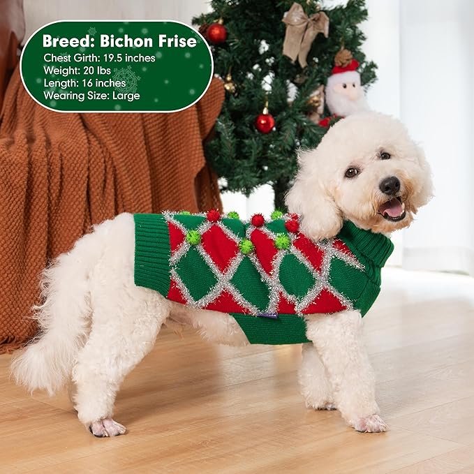 Cyeollo Large Dog Turtleneck Sweater - Christmas Green Medium Knitted Pullover for Large Dogs, Girls - Holiday Outfit