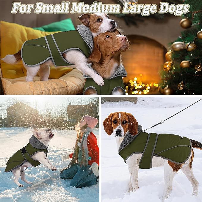 Dogcheer Dog Coat, Waterproof Dog Jacket Reflective Pet Winter Coat with Adjustable Hook & Loop, Christmas Puppy Fleece Jacket Warm Turtleneck Snowsuit for Small Medium Large Dogs - Green, XL
