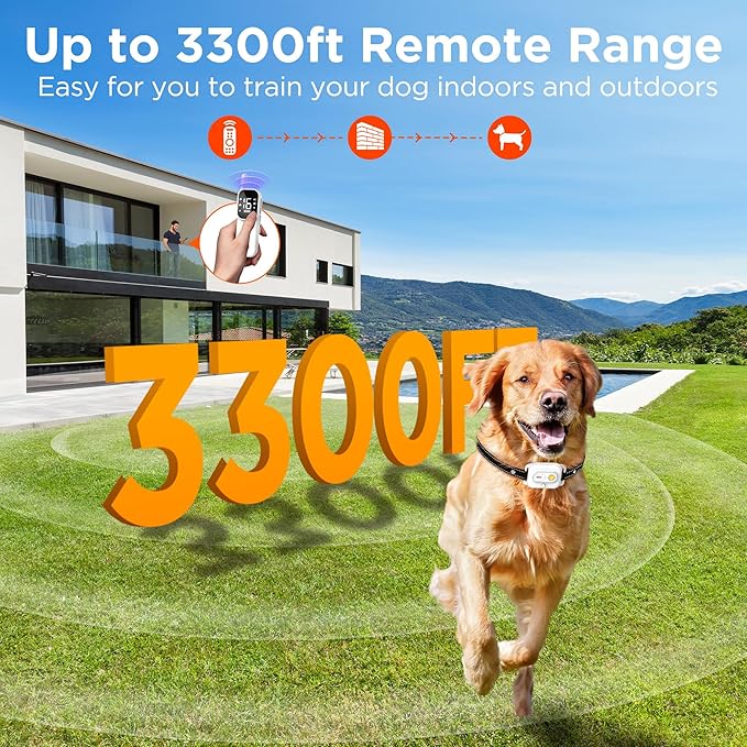 Dog Training Collar,Dog Shock Collar with Remote Control, 3300FT and 4 Training Modes Beep,Vibration,Safe Shock,LED Light,IPX7 Waterproof Rechargeable E-Collar for All Breeds (8-150 lbs)