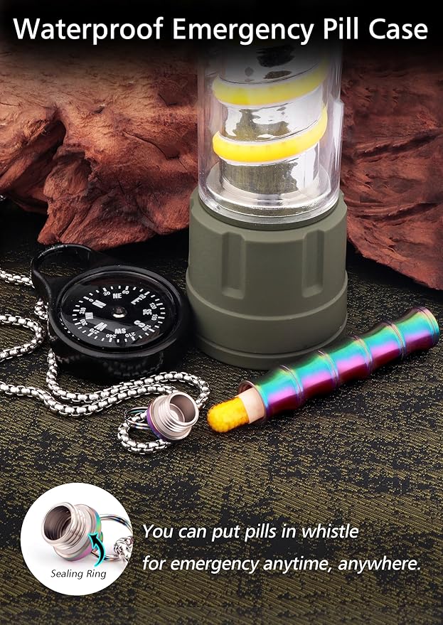 Titanium Pill Holder Necklace for Men Women Emergency Whistle Mini Keychain Nitro Pill Case with Loud Whistles EDC Safety Backpacking Survival Hiking Camping Pets Training
