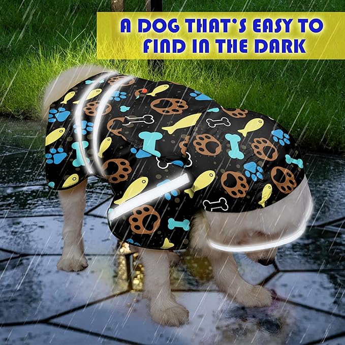 Dog Raincoat, Adjustable Rain Jacket with Hooded Double Layer for Large Medium Small Dogs Puppies, Lightweight Waterproof Rain Coat Poncho with Reflective Stripe Paw Print Black,XL