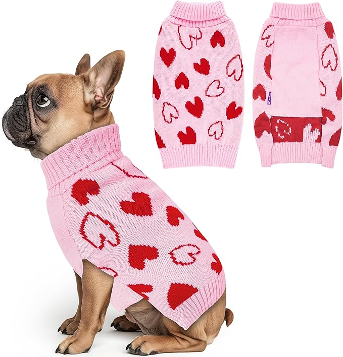 cyeollo Dog Sweaters for Small Dogs Valentines Day Dog Clothes Heart Pattern Turtleneck with Leash Hole Holiday Outfit Pet Apparel Pullover Sweaters for Dogs Pink