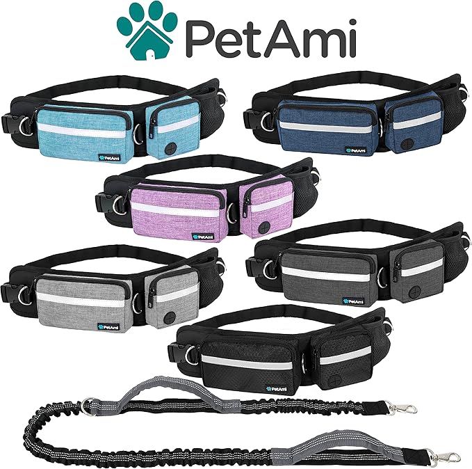PetAmi Hands Free Dog Leash, Running Leash Belt Bag for Walking, Jogging, Waist Double Zipper Pouch with Poop Dispenser, Dual Padded Handles Reflective Bungee Single, Purple, 1 Leash