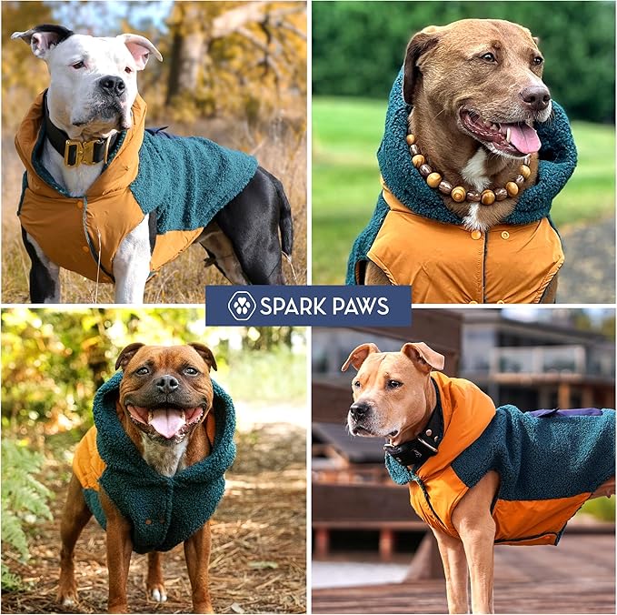 Spark Paws Reversible Dog Sweater, Sherpa Vest with Warm Fleece Lining, Warm Coat for Winter, Suitable for Small Medium, Large, XL XXL Dogs - Orange and Green - S