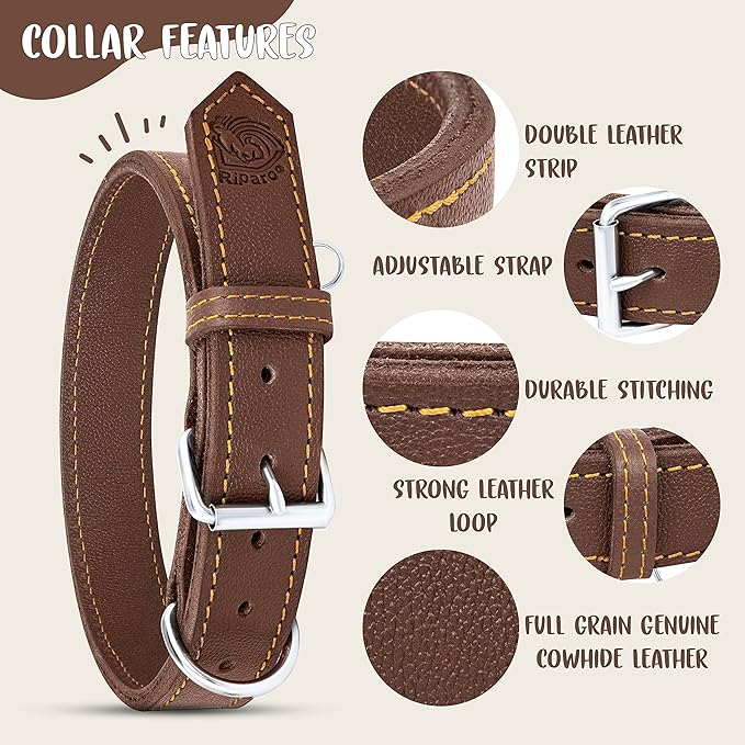 Riparo Dog Collar - Genuine Leather Dog Collars - Heavy Duty Dog Collars for Medium Large and Extra Large Dog Breeds (L: 1.25” Wide for 18” - 22” Neck, Brown)