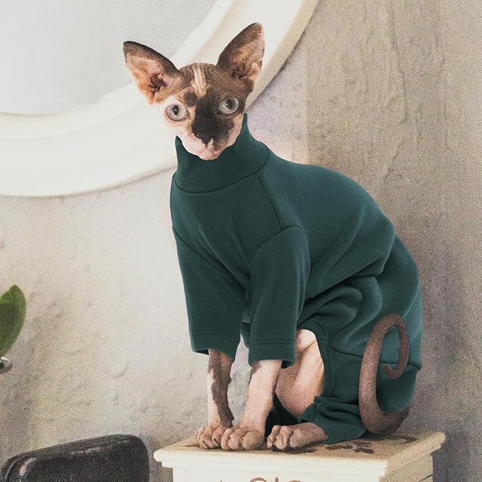 ROZKITCH Hairless Cat Clothes, Breathable Soft Jumpers for Cats Only, Coat with Four Legs, Warm Sweater T-Shirt Pajamas Jumpsuit Vest Cornish Rex Devon Rex Peterbald DarkGreen XL