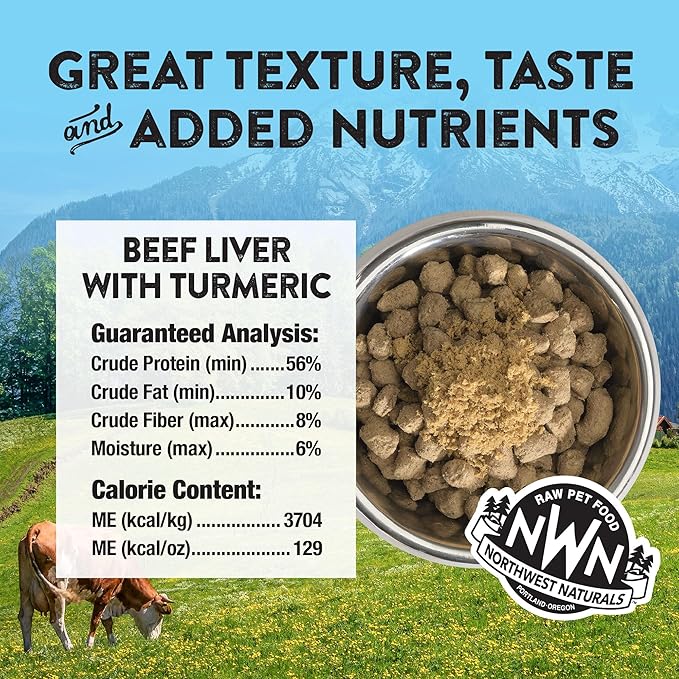 Northwest Naturals Freeze-Dried Beef Liver with Turmeric - Functional Topper for Dogs and Cats - Healthy, Limited Ingredients, Grain Free - Human Grade Pet Food, All Natural - USA Made - 4.5 Oz