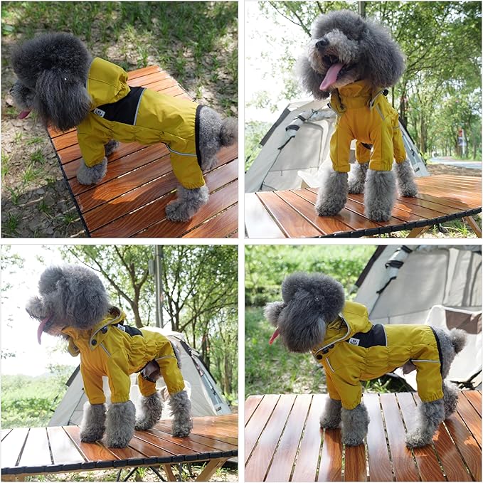 LOVELONGLONG Waterproof Dog Raincoat with Removable Hood – Outdoor Full Body Dog Jacket, Windproof Snowproof Shell Suit – All Season Pet Rain Gear Mustard Yellow S