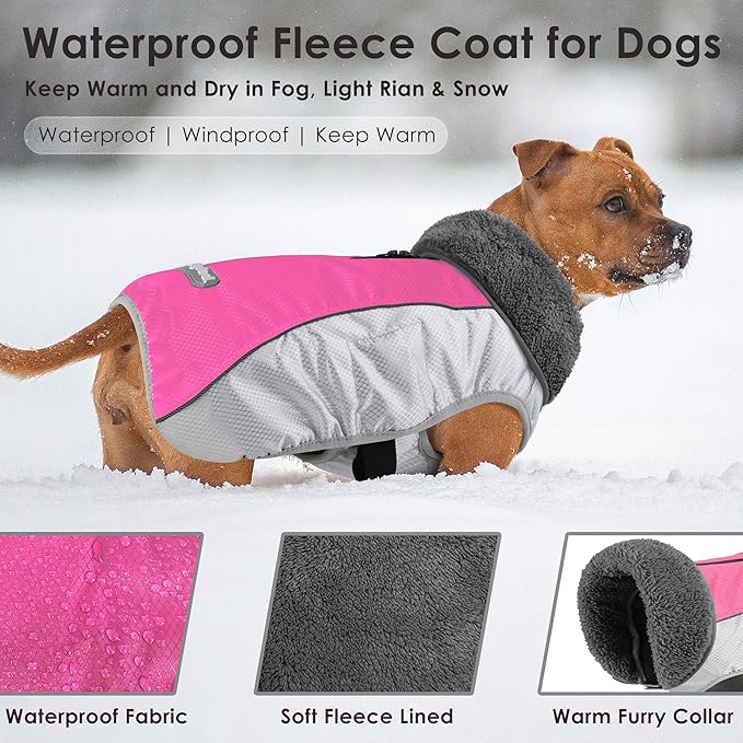 Dog Coat, Waterproof Ripstop Dog Winter Jacket with Leash Hole, Reflective Adjustable Warm Pet Fleece Snow Sweater for Small Medium Large Dogs - Pink, 2XL