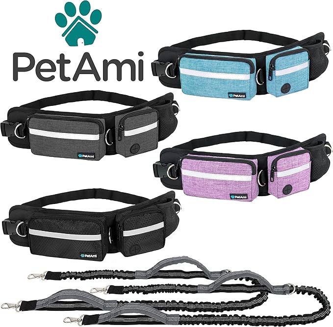 PetAmi Hands Free Dog Leash, Running Leash Belt Bag for Walking, Jogging, Waist Double Zipper Pouch with Poop Dispenser, Dual Padded Handles Reflective Bungee Double, Purple, 2 Leashes