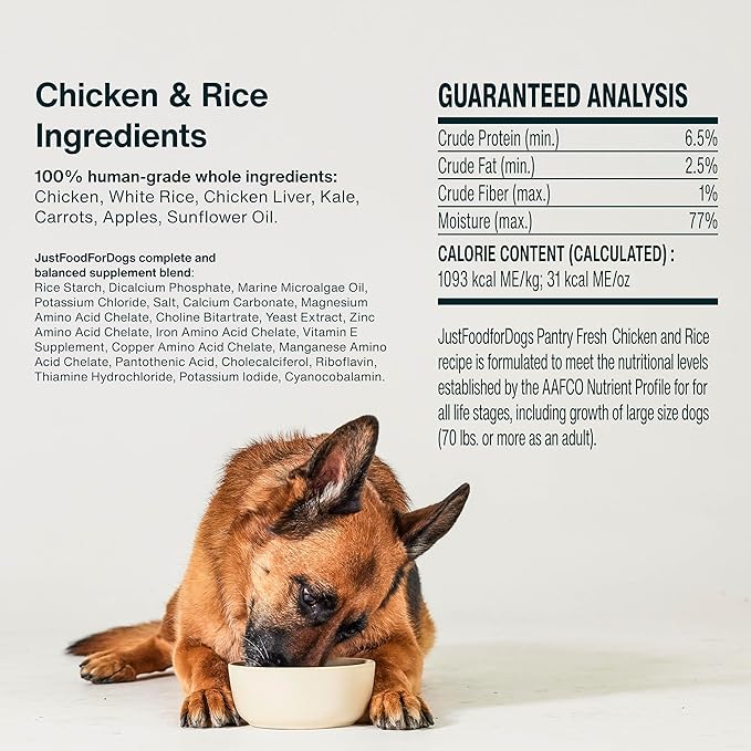 JustFoodForDogs Pantry Fresh Wet Dog Food, Complete Meal or Topper, Chicken & White Rice Human Grade Recipe - 12.5 oz (Pack of 6)