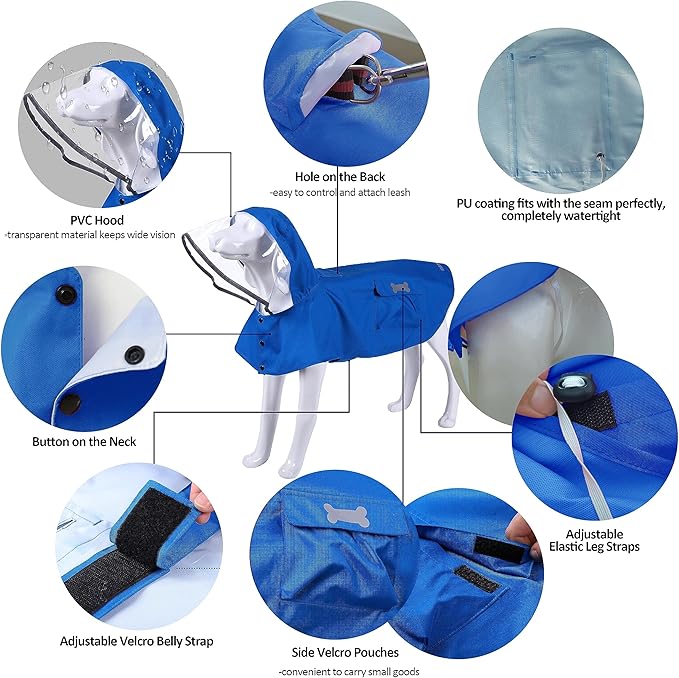Waterproof Dog Raincoat, Adjustable Reflective Lightweight Pet Rain Clothes with Poncho Hood (X-Large, Blue)