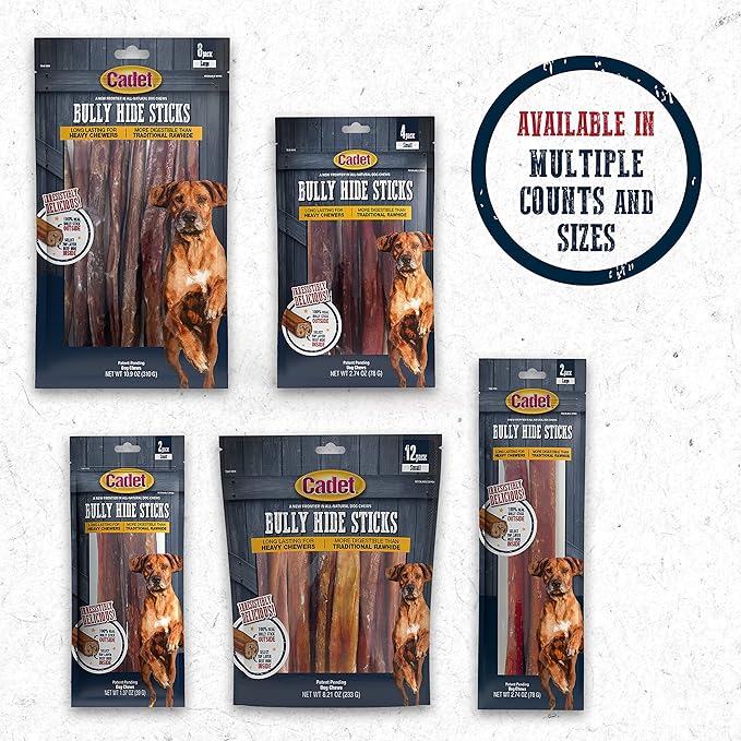 Cadet Bully Hide Sticks for Large Dogs – All-Natural Beef Pizzle, High Protein, Low Fat, Long-Lasting, Grain & Rawhide-Free Dog Chews for Aggressive Chewers, Large (8 Count)