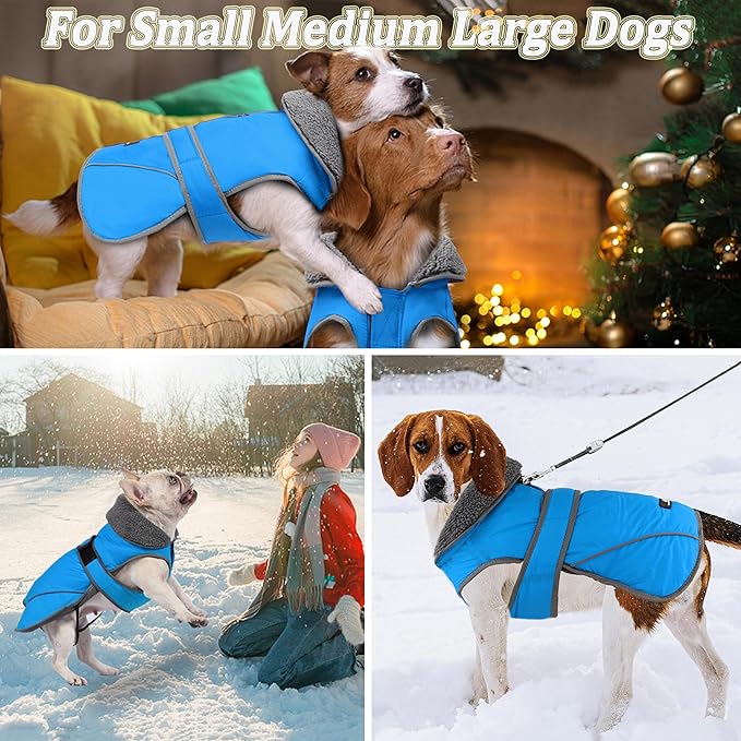 Dogcheer Dog Coat, Waterproof Dog Jacket Reflective Pet Winter Coat with Adjustable Hook & Loop, Christmas Puppy Fleece Jacket Warm Turtleneck Snowsuit for Small Medium Large Dogs - Sky Blue, M