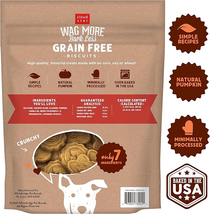 Cloud Star Wag More Bark Less Crunchy Grain Free Dog Treats, Pumpkin, 2.5 lbs. Bag