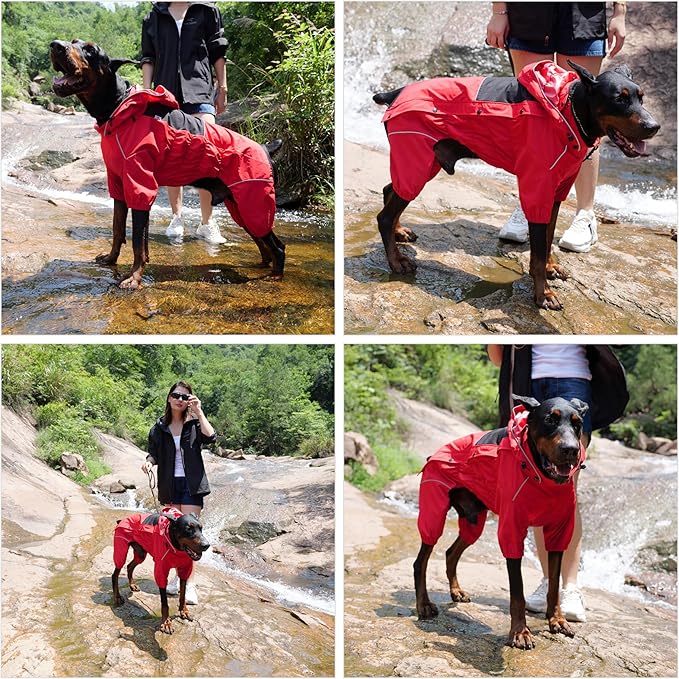 LOVELONGLONG Waterproof Dog Raincoat with Removable Hood – Outdoor Full Body Dog Jacket, Windproof Snowproof Shell Suit – All Season Pet Rain Gear Red S+