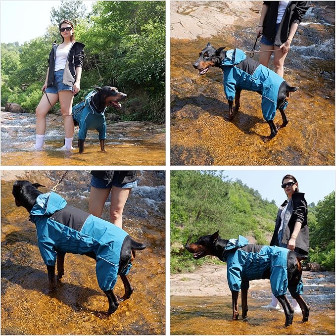 LOVELONGLONG Waterproof Dog Raincoat with Removable Hood – Outdoor Full Body Dog Jacket, Windproof Snowproof Shell Suit – All Season Pet Rain Gear Ocean Teal M