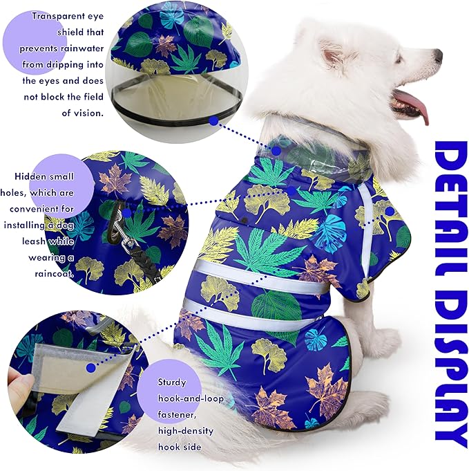 Dog Raincoat, Adjustable Rain Jacket with Hooded Double Layer for Large Medium Small Dogs Puppies, Lightweight Waterproof Rain Coat Poncho with Reflective Stripe Leaf Blue,XL