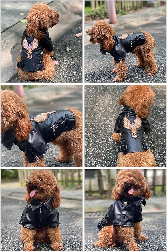 Lovelonglong Cool Dog Leather Jacket, Warm Coats Dogs Windproof Cold Weather Coats for Large Medium Small Dogs with Eagle Embroidery Black XL