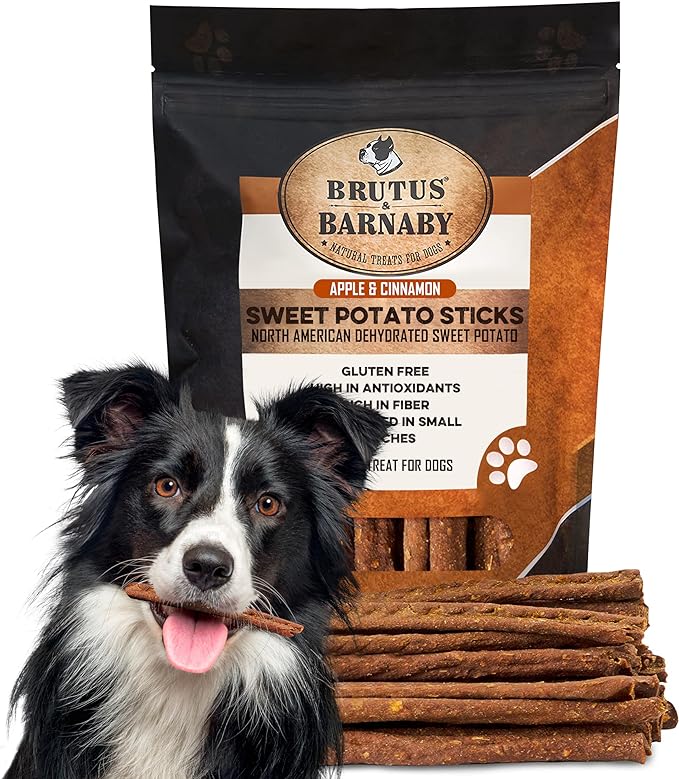 BRUTUS & BARNABY USA Sweet Potato Dog Treats - Crunchy Grain Free Cinnamon Apple Sticks, Promotes Positive Gut Health with Natural Anti-Diarrhea Properties (Cinnamon & Apple, 12 oz)