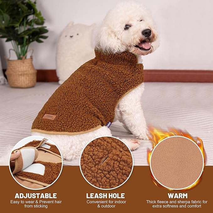 cyeollo Fleece Dog Jacket Reversible Turtleneck Furry Sweater Thick Dog Clothes for Winter Warm Cold Weather Coats for Small Medium Dogs Apparel, Brown, XL