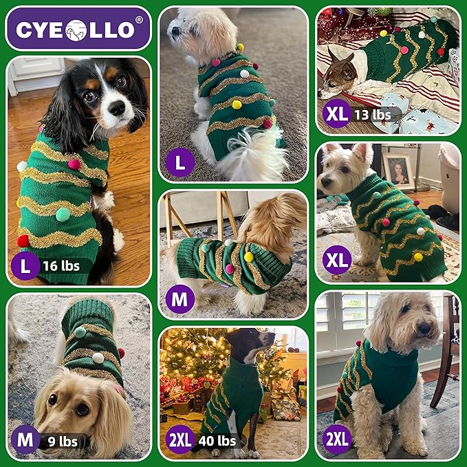 Cyeollo Dog Sweater - Christmas Turtleneck with Leash Hole, Glitter, Winter Clothes for Medium Large Dogs