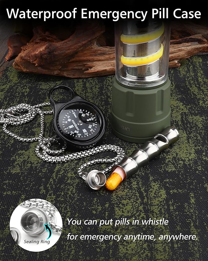 Titanium Pill Holder Necklace for Men Women Emergency Whistle Mini Keychain Nitro Pill Case with Loud Whistles EDC Safety Backpacking Survival Hiking Camping Pets Training