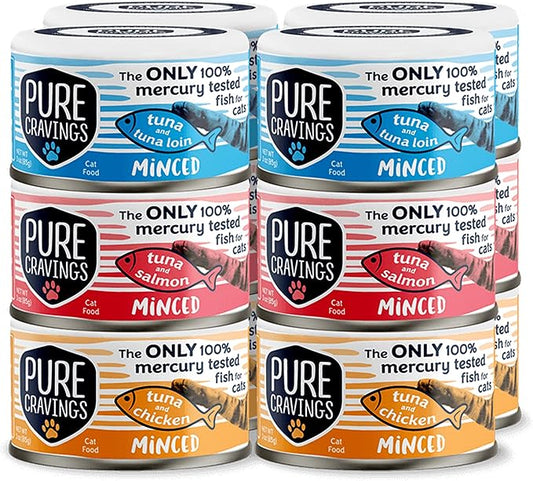 Pure Cravings Minced Tuna Wet Canned Cat Food, 100% Mercury-Tested, Moist Can Fish for Cats, Grain-Free, Protein, Non-GMO, Variety Pack, 3oz, Pack of 12