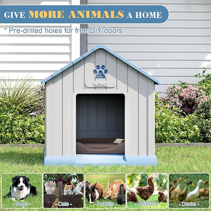 Dog House Outdoor Indoor - Waterproof, Ventilated, Easy to Clean, Elevated Floor for Small-Large Dogs, Easy to Assemble (Blue, 31" L x 33.3" W x 33.5" H)