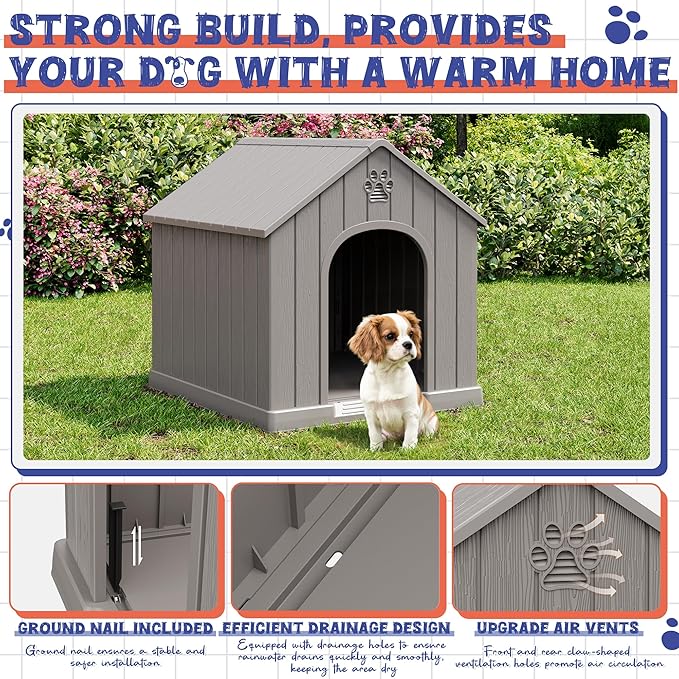Dog House Outdoor Indoor, Plastic Small Dog House-Weatherproof & Insulated Design with Air Vents & Elevated Floor for Small to Medium Dogs, Easy Clean and Assemble (Grey)