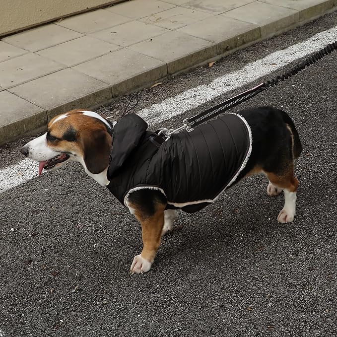 Fleece Lining Dog Hoodie with Harness Built in,Extra Warm Medium Dog Jacket in Winter Doggie Coats with Drawstring Hooded,Black XL