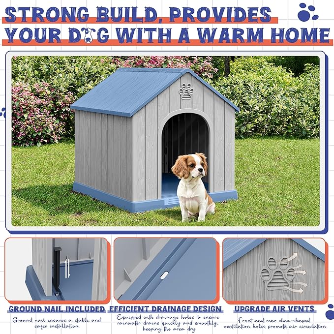 Dog House Outdoor Indoor, Plastic Small Dog House-Weatherproof & Insulated Design with Air Vents & Elevated Floor for Small to Medium Dogs, Easy Clean and Assemble (Blue)