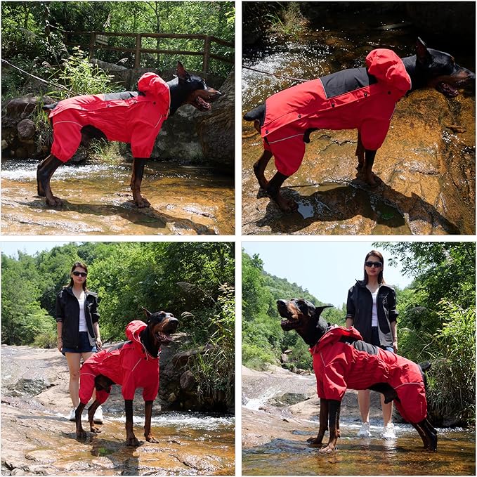 LOVELONGLONG Fleece-Lined Dog Raincoat with Removable Hood – Waterproof Winter Full Body Dog Jacket – Windproof Snowproof Cold-Weather Suit – Red-F XXS
