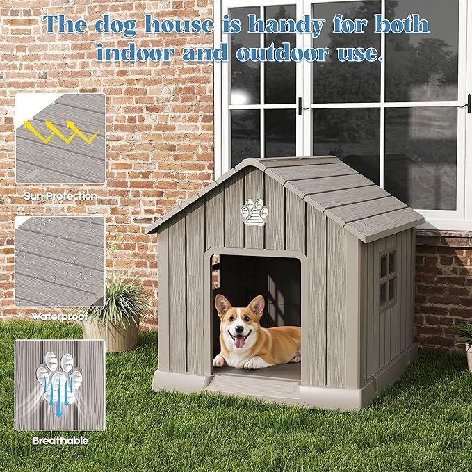 Dog House for Outdoor & Indoor Use with Window, Waterproof Ventilated Kennel with Elevated Floor, Easy to Clean Shelter for Small Medium Dogs (Grey, 29.9" L x 32.3" W x 32.5" H)